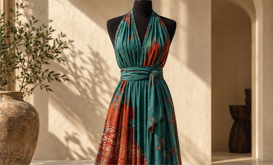 Silbara dress on a mannequin in warm light