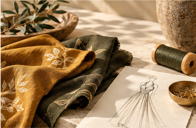 Olive linen, ochre fabric, thread and a dress sketch on the atelier table